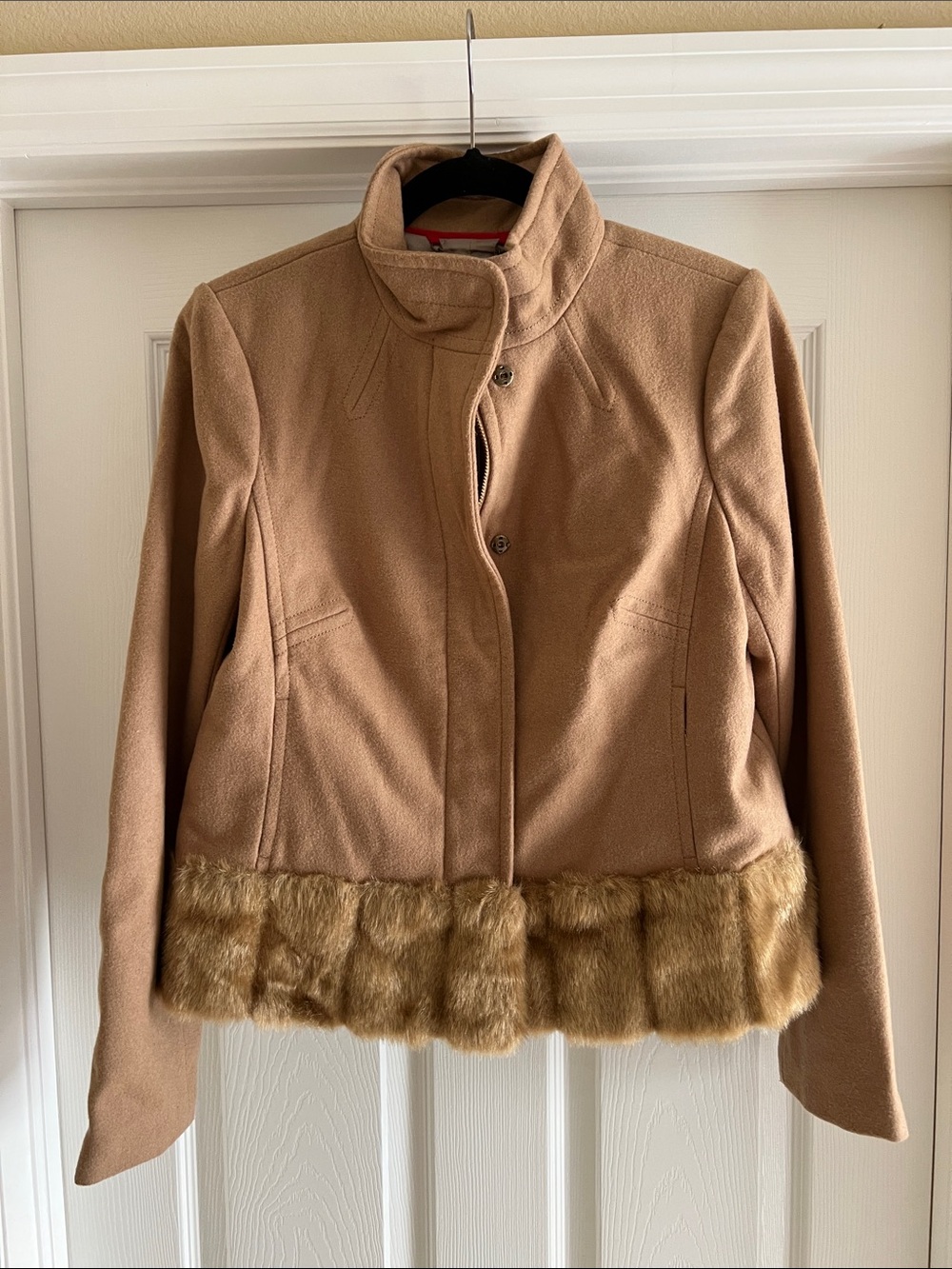 Banana Republic Camel Faux Fur-Trim Coat
